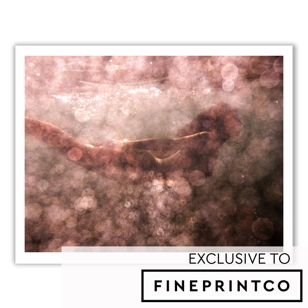 An underwater photograph titled "Blush 02" by Francesca Owen captures a person swimming, surrounded by shimmering bubbles and light beams. The effect creates an abstract, dreamy atmosphere. Printed on fine art paper using archival pigments, the image is marked with text that reads "Exclusive to Fine Print Co.