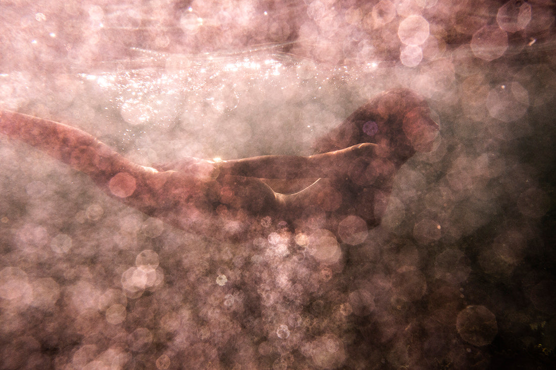 A swimmer is underwater, moving horizontally. The image, titled "Blush 02" by Francesca Owen and printed with archival pigments on fine art paper, features a blurry bokeh effect from the light filtering through the water, creating a dreamlike atmosphere. The swimmer's body appears mostly silhouetted against the sparkling, abstract background.