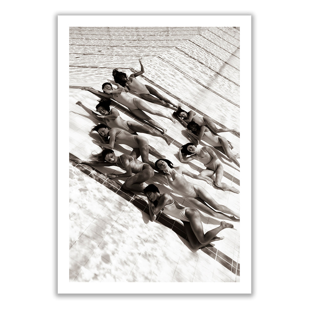 Ladies in Waiting #2 by Francesca Owen is an exquisite Fine Art Print that showcases a group of women lying on the ground, capturing the grace and harmony reminiscent of Artistic Swimming.