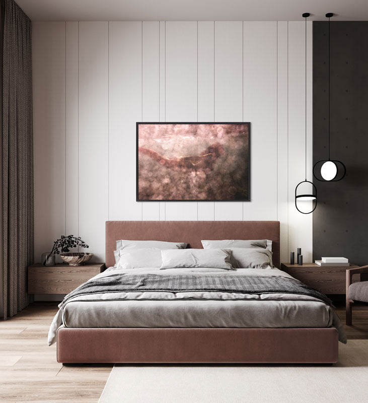 A modern bedroom with a minimalist design features a large bed with a brown frame and gray bedding, flanked by wooden nightstands. Above the bed hangs "Blush 02," an abstract painting by Francesca Owen, printed on fine art paper using archival pigments and complete with a certificate of authenticity.