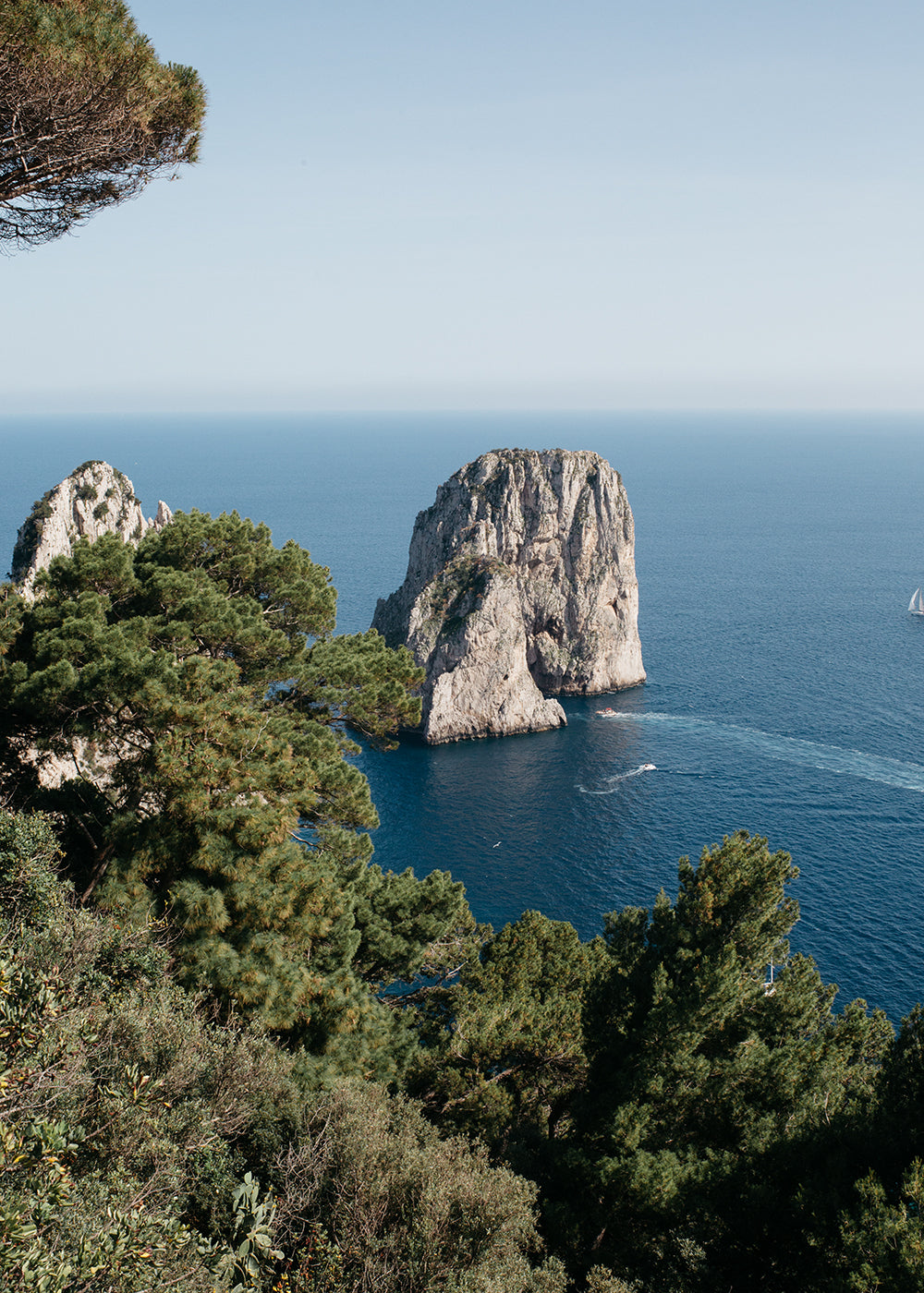 Behold the breathtaking "Sailing Capri #1" by Francesca Owen: a scenic view of two majestic rock formations emerging from the azure sea, ringed by verdant green trees in the foreground. The clear, brilliant sky enhances the coastal landscape's natural allure—masterfully captured using archival pigments on Fine Art paper, available in custom sizes.
