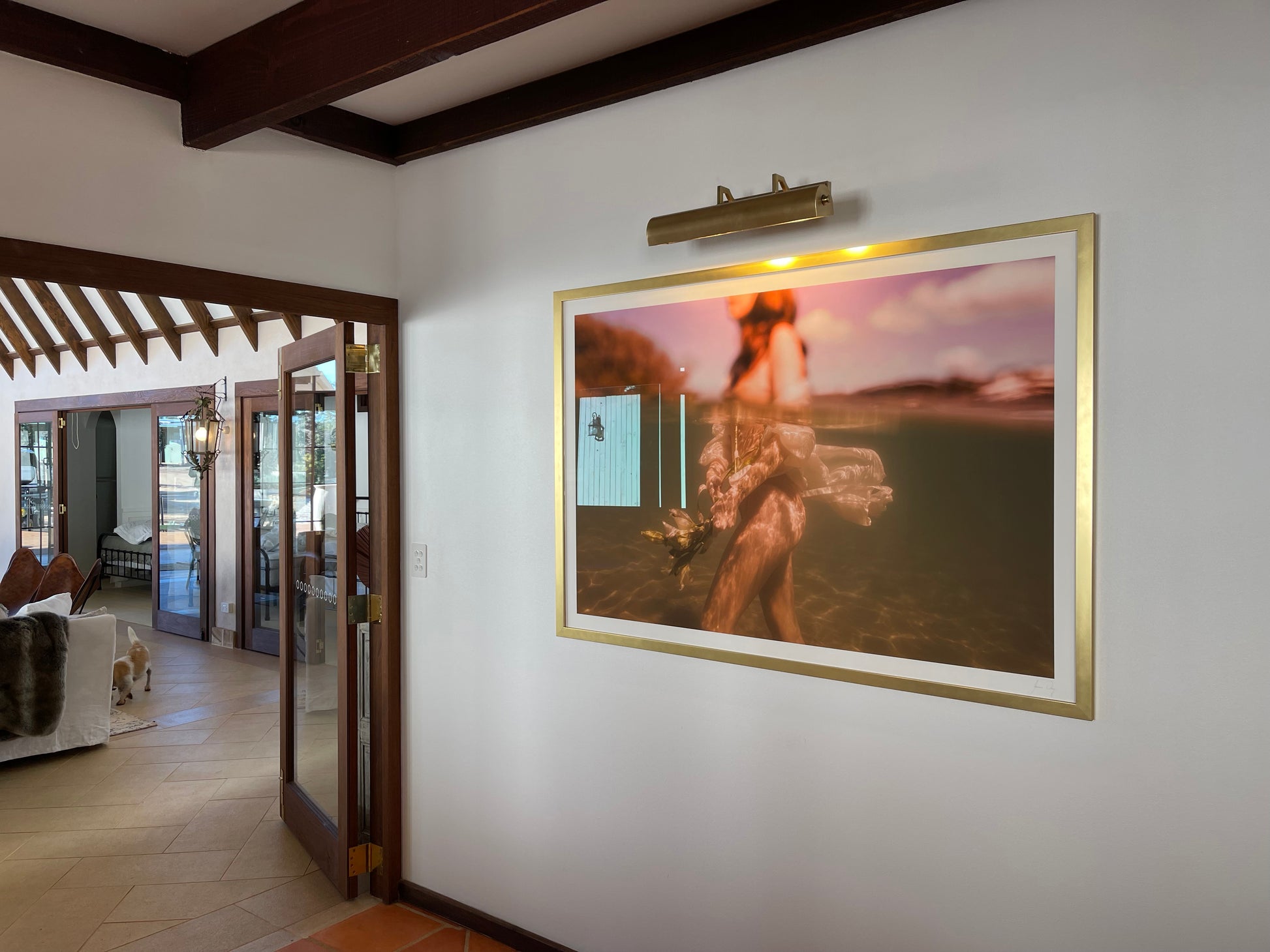 A large framed photograph titled "The Language of Flowers #1" by Francesca Owen, printed on fine art paper with archival pigments, is mounted on a white wall and illuminated by a picture light above it. Nearby, an open doorway reveals a living room with a dog lying on the floor. The room is well-lit with natural light.