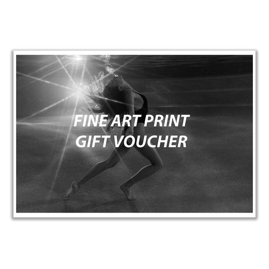 Black and white photo of a swimmer underwater with sunlight above; "Francesca Owen Fine Art Print Gift Card" is boldly printed across the center, representing the Francesca Owen brand.