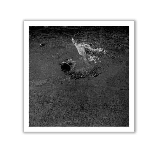 Francesca Owen's "Liquid Legs #2" is a black and white photograph capturing the mesmerizing texture of rippling water disturbed by a splash. The surface details suggest an object has been thrown or dropped, creating a striking visual impact. This artwork is printed on fine art paper using archival pigments to ensure long-lasting quality.