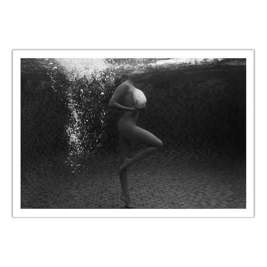“Shell & She #1 B&W” by Francesca Owen shows a nude figure underwater on one leg, arm across chest, with bubbles hiding the face. Fine art print includes certificate of authenticity.