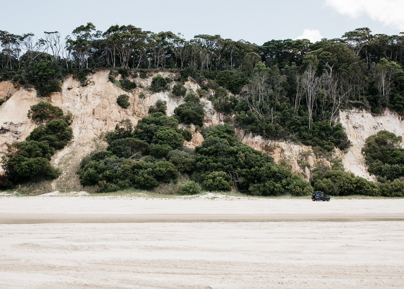 A vast sandy beach with tire tracks leads to a cliff covered with dense green foliage and trees. A black vehicle is parked near the base of the cliff, emphasizing the expanse of the landscape. The clear sky with a few clouds visible creates a picturesque scene reminiscent of "Australia #2" by Francesca Owen, perfect for fine art prints using archival pigments.