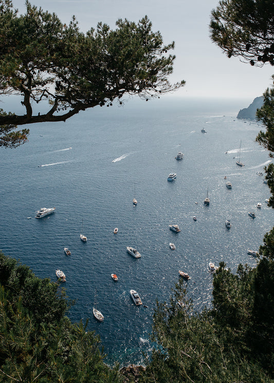 A serene scene of a group of boats in the water, captured with archival pigments in the "Sailing Capri #3" by Francesca Owen, is perfect for fine art prints.